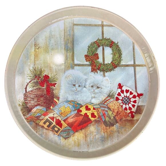 Vintage- 90s- Cats- White Kittens Christmas Table Tray- some wear scratches - Picture 1 of 6